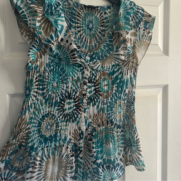 East 5th Teal & Brown Accordian Pleated Button Down Top w/ Capped Sleeves, Small - Picture 3 of 6